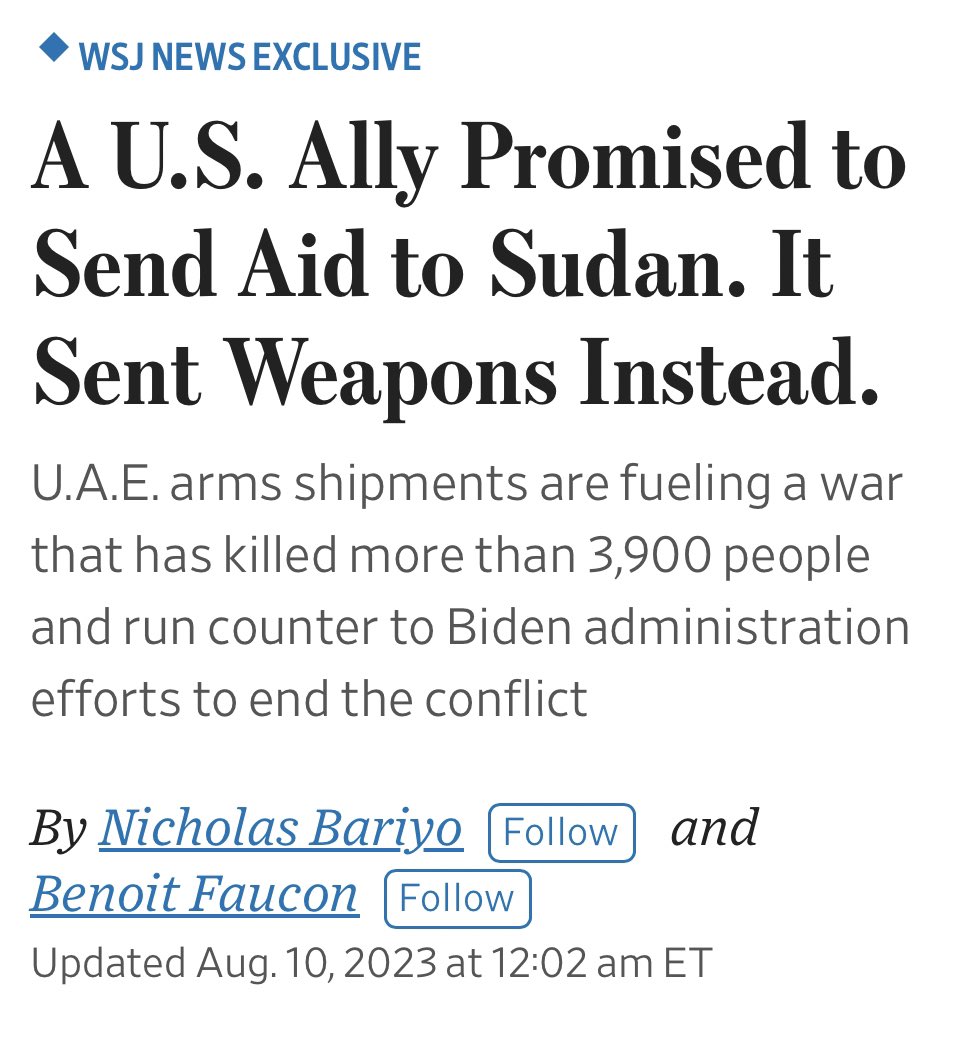 The U.A.E, built on the backs of Sudanese migrants in the ‘80s, ‘90s, &amp; today, returns the favor via weapon shipments. Pure evil!

لا سلّم الله #الإمارات

wsj.com/articles/a-u-s…