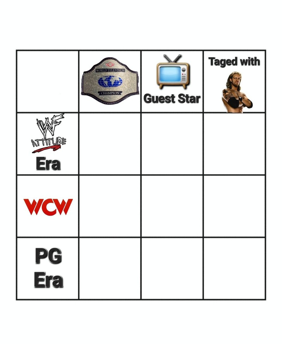 _JakeBison's tweet photo. It's Wrestlegrid time! Looking for WCW TV Champs, wrestlers who guest stared on tv shows, wrestlers who tagged with Edge, wrestlers from the attitude era, wrestled in WCW, &amp; wrestled in the PG era. Share &amp; reply with your answers! Good luck! I'll share mine with the next grid. https://t.co/mTNdIMRfqf