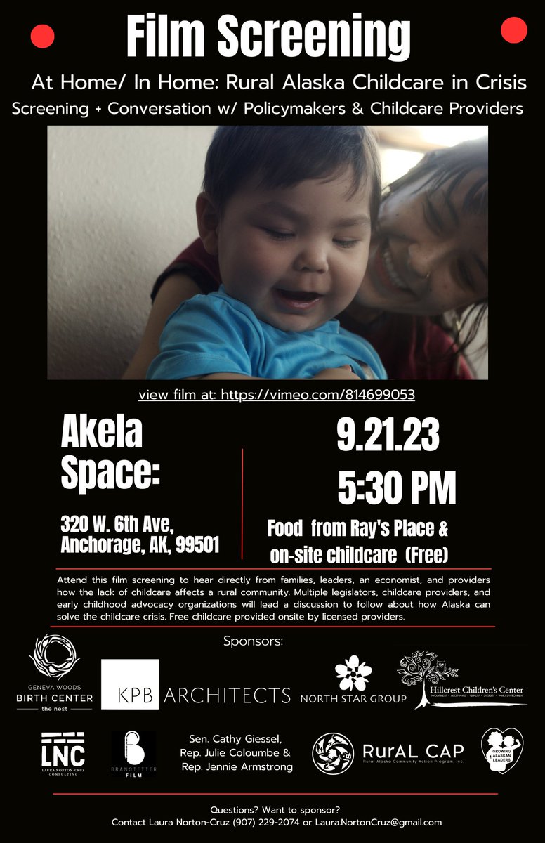 We are proud to join <a href="/RurALCAP/">RurAL CAP</a>, the business sponsors, the childcare sponsor, <a href="/AkelaSpace/">Akela Space</a>, filmmaker @albeokay &amp; producer/event organizer @lauritadianita2, &amp; the 3 #akleg sponsors to support this film screening &amp; policy dialogue. Childcare is in crisis &amp; we need it to support AK.