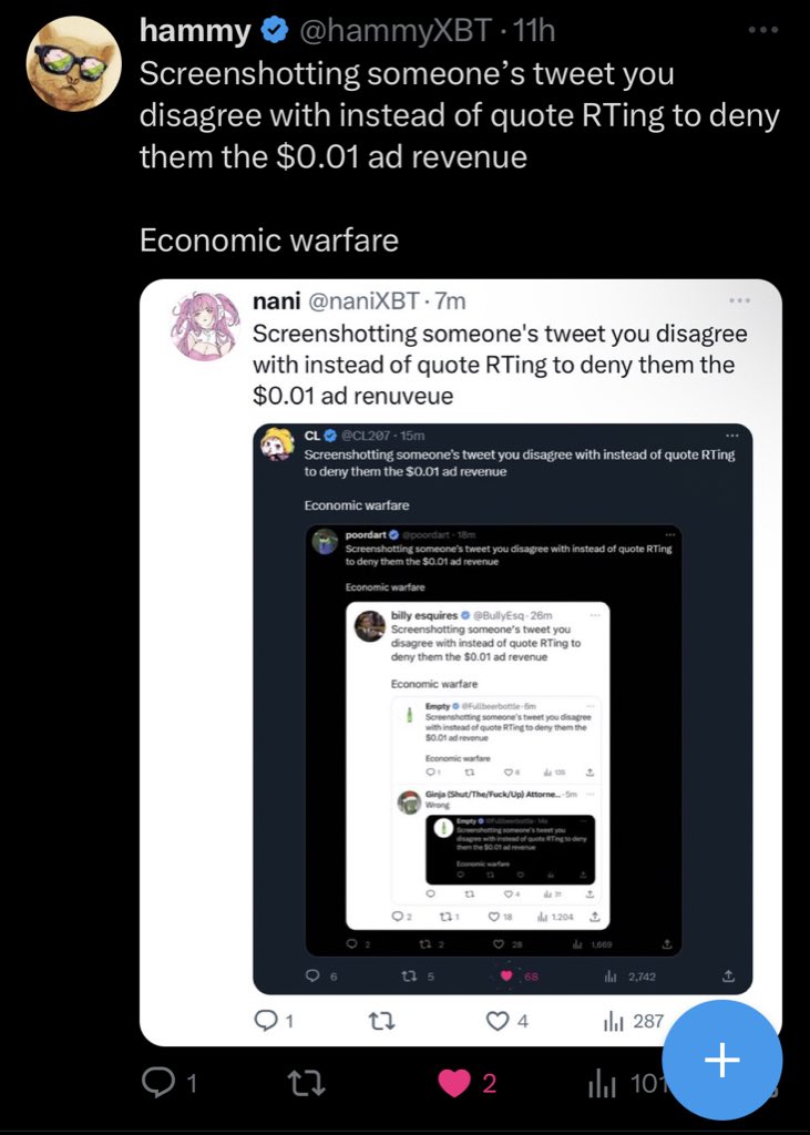 Screenshotting someone’s tweet you disagree with instead of quote RTing to deny them the $0.01 ad revenue

Economic warfare