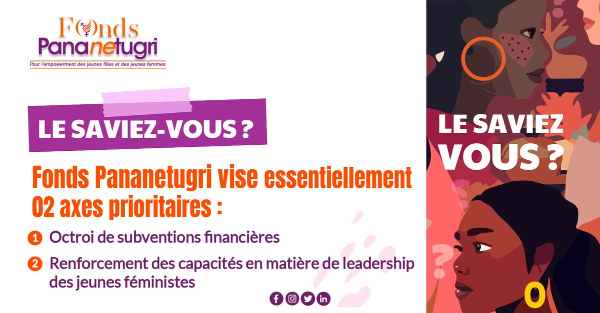 📢 Le @FPananetugri
se concentre sur deux axes prioritaires :  
1⃣Octroi de subventions financières aux groupes de jeunes filles et jeunes femmes. 
2⃣Renforcement des capacités en matière de leadership et de construction du mouvement des jeunes #féministes en Afrique de l'Ouest