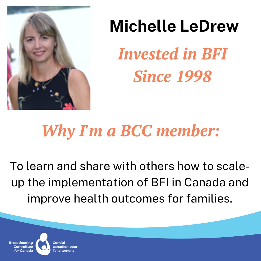 Why I'm a BCC member:
"To learn and share with others how to scale-up the implementation of BFI in Canada and improve health outcomes for families."

~ Michelle LeDrew, Invested in BFI Since 1998

#breastfeeding
#chestfeeding
#BFI
#BCC