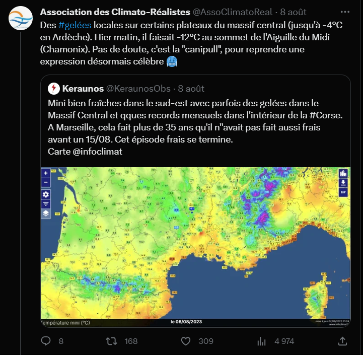 SergeZaka's tweet image. [Thread] Je vous propose dans ce fil de passer en revue les principaux manipulations climatosceptiques de la semaine :
- le "froid" en France
- la "neige" en Allemagne
- la fraicheur de la méditerranée
Accrochez vous, ça va sabrer. A dérouler et partager 👇
1/4