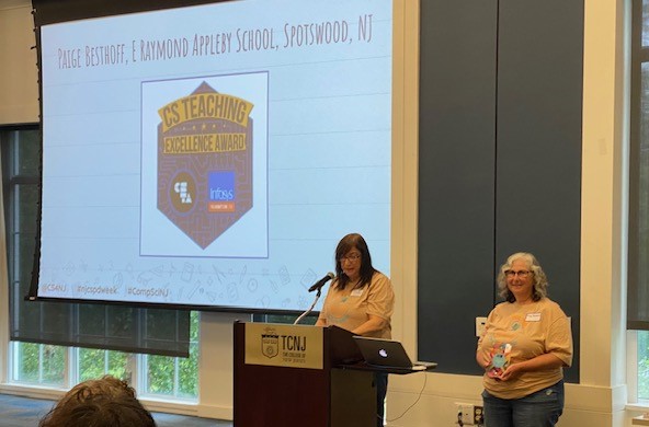 meechele7's tweet photo. Presenting the CS Teaching Excellence Award to Paige Bestoff of the E. Raymond Appleby School in Spotswood, NJ. @CSTANewJersey @csteachersorg  #NJCSPDWeek #CompSciNJ https://t.co/U81SBICqEe