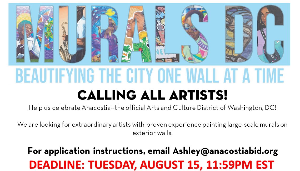 🚨Calling all artists🚨

We are looking for muralists to enhance the vibrancy of the Anacostia Arts and Culture District. 🎨

If you have a proven track record of creating large-scale murals, we want to hear from you.

The deadline is August 15. APPLY TODAY ⬇️