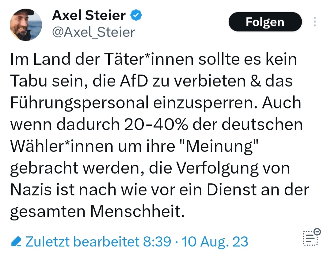 foersterjoerg's tweet photo. Sich einerseits gegen Nazis auszusprechen, andererseits aber im gleichen Satz Nazimethoden (also die Inhaftierung von pol. Andersdenkenden) zu fordern...
Hirn und Verstand wahrscheinlich bei sogen. Seenotrettung über Bord geworfen 🤔
#Steier https://t.co/UR3rpfy39N