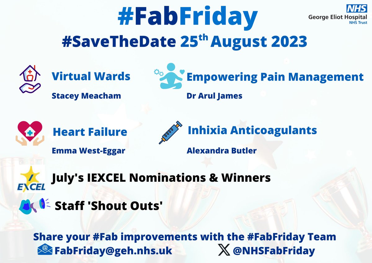 NHSFabFriday's tweet photo. Check our August's #FabFriday Agenda🙌
👀#Projects being shared: Virtual Wards, Heart Failure, Empowering Pain Management & Inhixia Anticoags by 4 #FabFriends➕Celebrating #IEXCEL Nominees/Winners & sharing staff shout outs💬
#StaffAppreciation #QI @GEHNHSnews https://t.co/V28rmJkMHl