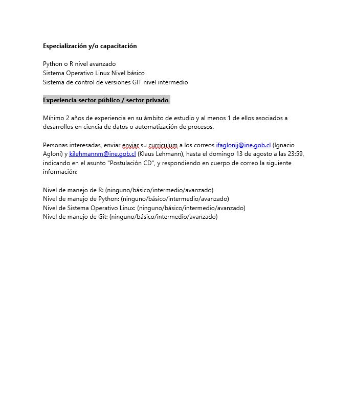 Buscamos CIENTÍFICA/O DE DATOS en el INE

Personas interesadas, enviar enviar su curriculum a los correos ifaglonij@ine.gob.cl (Ignacio Agloni) y kilehmannm@ine.gob.cl (Klaus Lehmann)

<a href="/RLadiesSantiago/">R-Ladies Santiago</a> <a href="/RLadiesValpo/">RLadies Valparaíso</a> <a href="/RLadiesConce/">R-Ladies Concepción</a> <a href="/RLadiesGlobal/">R-Ladies Global</a>