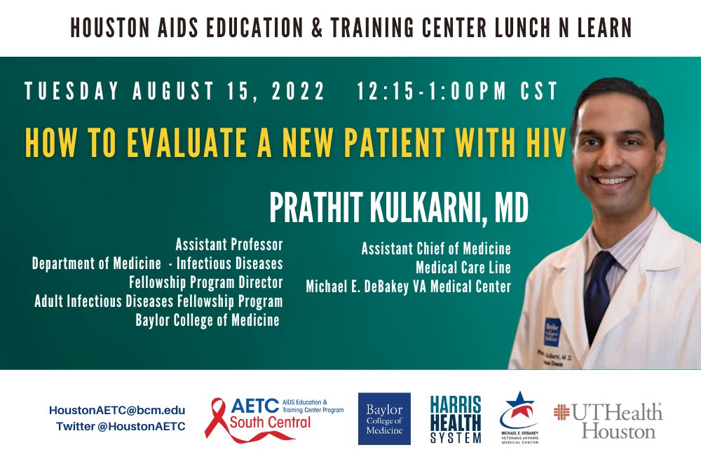 HoustonAETC's tweet image. TOMORROW!
Dr. @PrathitKulkarni from @BCMDeptMedicine @BCMIDFellowship @BCM_InternalMed will be sharing his expertise on the initial evaluation of a person with #HIV.

#HIVTwitter #IDTwitter @HIVMA @scaetcnm @AETCNCRC
