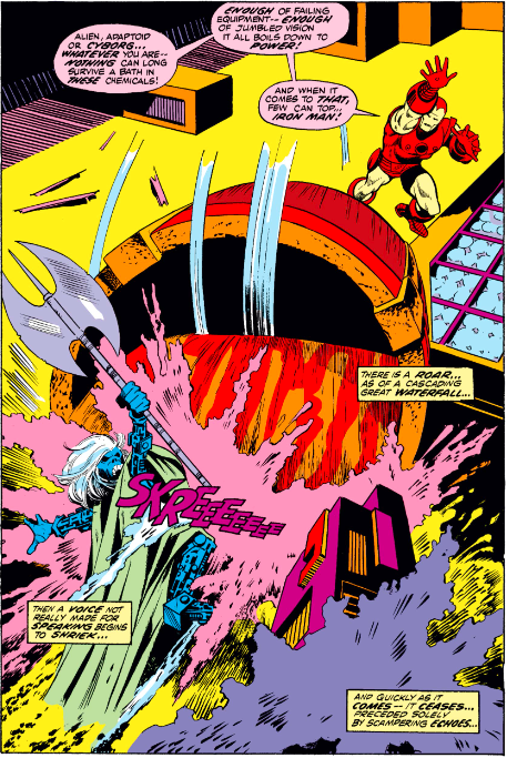 MarvelADay's tweet photo. #MarvelADay #IM51 The only sound effect is of a screaming cyborg. I would have preferred a nice SPLOOSH! to go with it, but alas. Denied... - VA https://t.co/Ki83PwcsnV