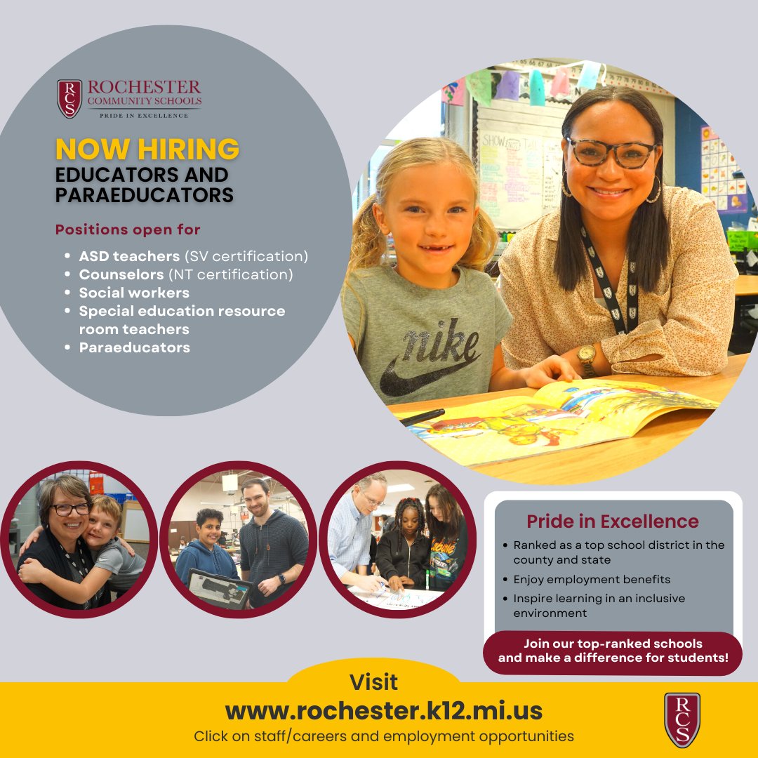 RCS is hiring educators and paraeducators to make a difference for children. 

Positions are open for:
•ASD teachers 
•Counselors 
•Social workers
•Special education resource room teachers
•Paraeducators

Learn more: rochester.tedk12.com/hire/index.aspx. #RCSpride