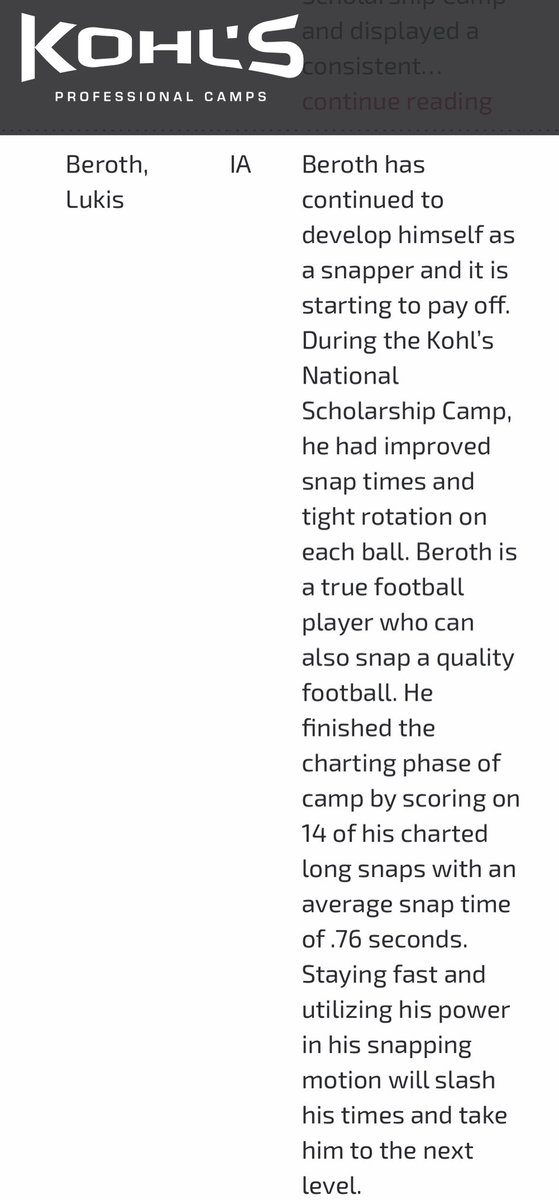 Blessed to have received a 4 ⭐️ rating from <a href="/KohlsSnapping/">Kohl's Snapping Camps</a> 
#32 nationally, #1 in the state of IA class of ‘25 
#longsnapper <a href="/Coach_Casper/">Coach Casey Casper</a> <a href="/KohlsHighlights/">Kicking, Punting, Long Snapping Highlights</a>