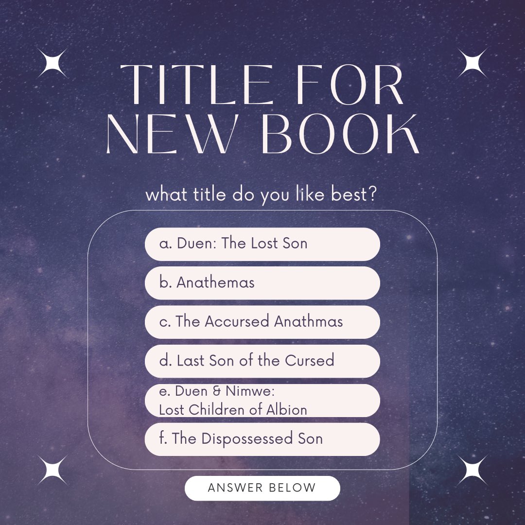 ARHughesAuthor's tweet photo. I am writing a new book and a need help with the title. 

What title do you like best?

Vote below and let me know what you like best — or — give me a suggestion. 
#historicalfantasy #yabooks #authorslife #writerscommunity #writerslife #takingapoll #newbook #bookish #fanatsy https://t.co/cuZanNjkqF