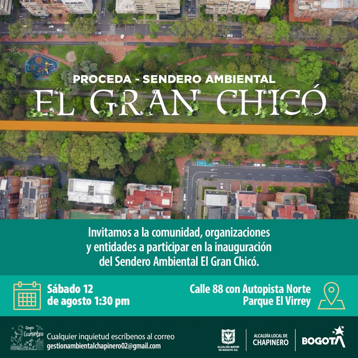 AlcaldChapinero's tweet photo. 🥳 Acompáñanos en la inauguración del ☘️ Sendero Ambiental El Gran Chicó, una iniciativa de los ✅Procesos Comunitarios de Educación Ambiental #PROCEDAS y 🙋♀️🙋♂️ #PresupuestosParticipativos. ➡️ Te esperamos este sábado a partir de la 1:30 p.m. en la 📍 Autonorte con calle 87. https://t.co/wEcC9xN7ox