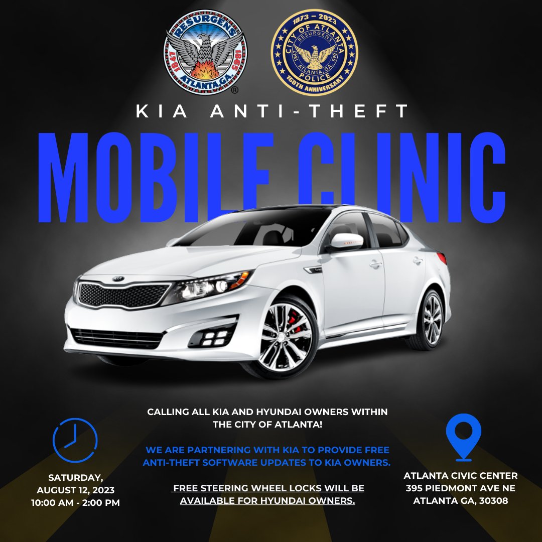 Attention Kia Owners: The City of Atlanta &amp; <a href="/Kia/">Kia America</a> are hosting a free anti-theft software upgrade event for eligible owners this Saturday.

🗓️Saturday, August 12
⏰10:00 a.m. to 2:00 p.m.
📍Atlanta Civic Center (395 Piedmont Ave NE, Atlanta, GA 30308)