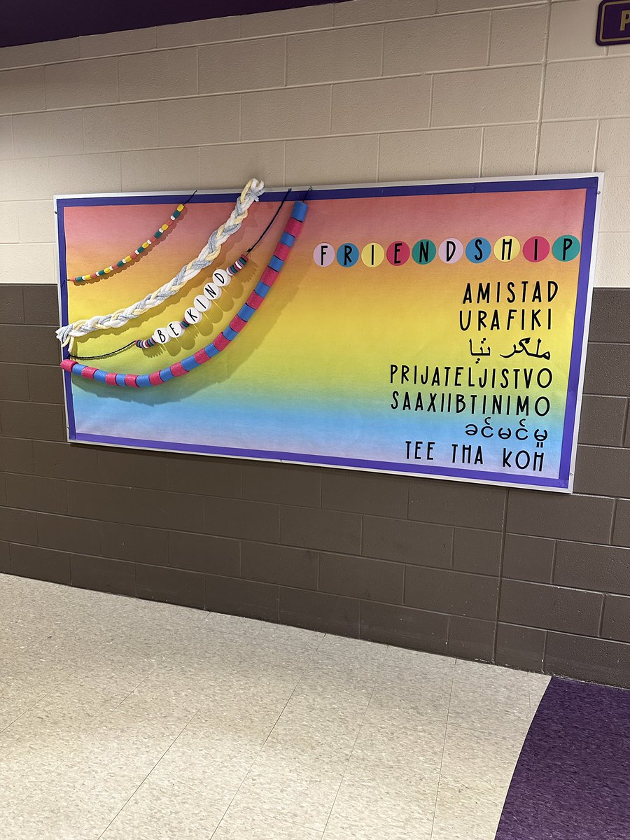 First staff meeting of the school year, friendship bracelets with your word of the year 📿🩷 And goes along with our FRIENDSHIP in many languages board in the main hallway! 💟 #dishmanfriendshipera