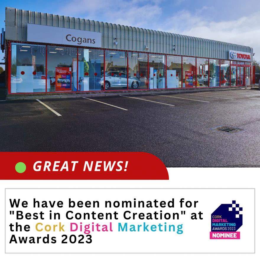 CogansToyota's tweet photo. We're excited to share that we've been nominated for the Best in Content Creation award at the Cork Digital Marketing Awards 2023!
A big shoutout to all the other amazing nominees!
#Cogans #DigitalCork23 #contentcreators
@CorkChamber https://t.co/ct2gIynlVL