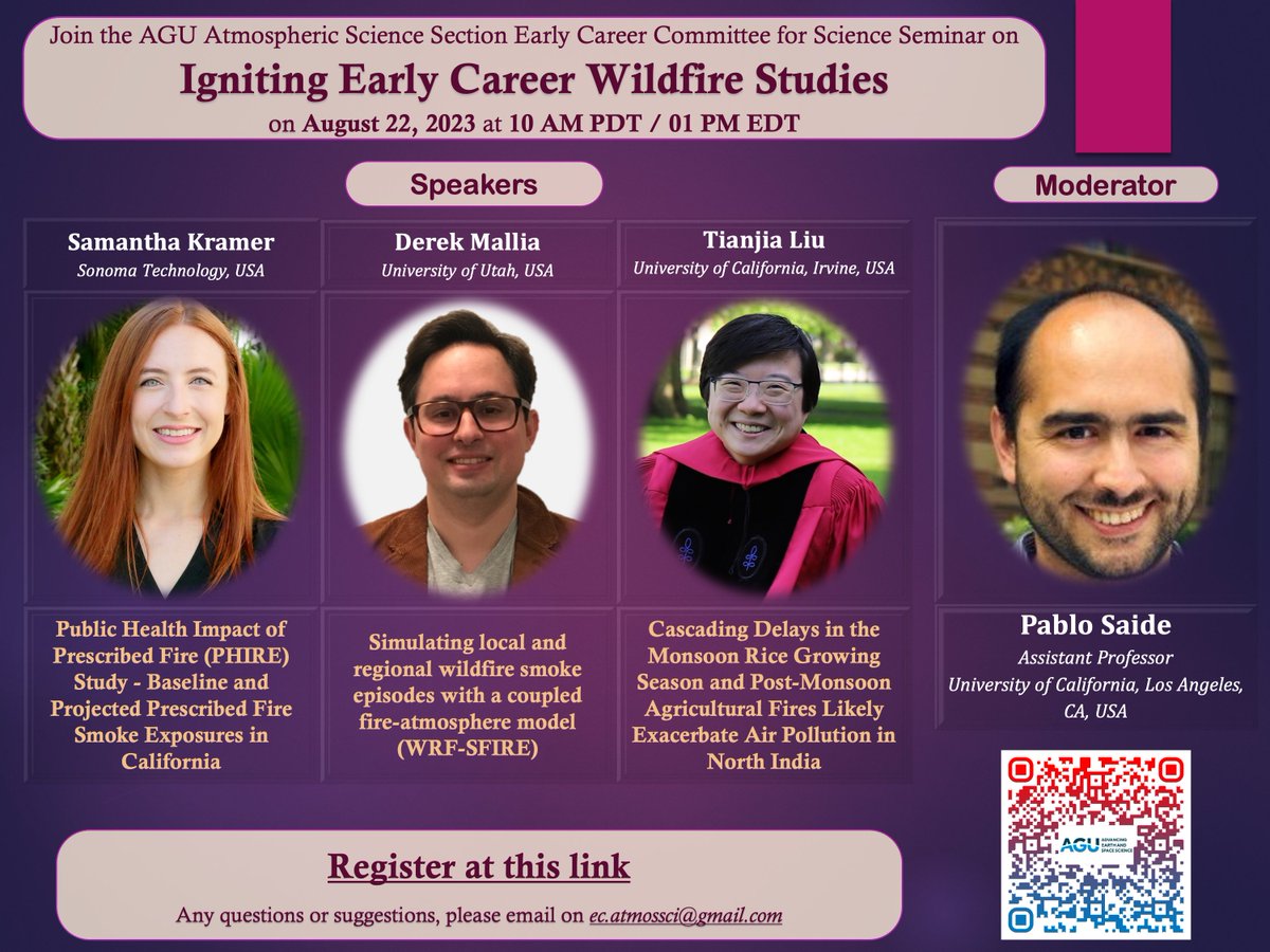 AGU Atmos Sci Early Career Committee (@agu_earlyatmos) on Twitter photo Join the AGU Atmos Sci Early Career Committee for a wildfire-themed webinar on Tues, August 22 at 10am PDT. Invited early career speakers (including @Dr_Dmals & <a href="/TheRealPyroTina/">Tina Liu π₯</a>) will present with time for Q&A. Hope to see you there!
More details in flyer and comments below! Join the AGU Atmos Sci Early Career Committee for a wildfire-themed webinar on Tues, August 22 at 10am PDT. Invited early career speakers (including @Dr_Dmals & <a href="/TheRealPyroTina/">Tina Liu π₯</a>) will present with time for Q&A. Hope to see you there!
More details in flyer and comments below!