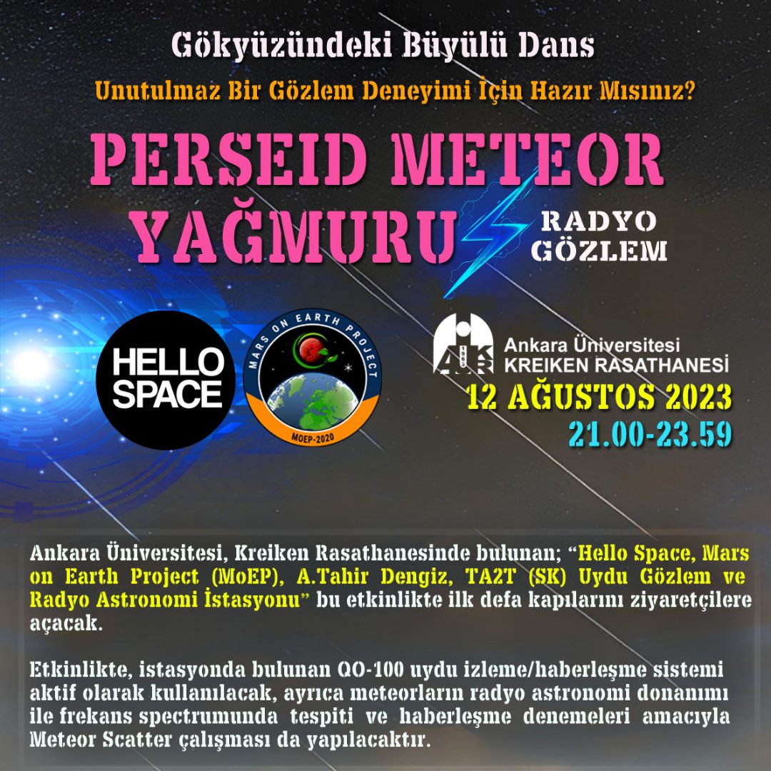 moep__tr's tweet photo. Ankara Üniversitesi-Kreiken Rasathanesin'de kurulan 📡 "Hello Space, Mars on Earth Project (MoEP), A.Tahir Dengiz, TA2T (SK) Uydu Gözlem ve Radyo Astronomi İstasyonu" kapılarını ilk defa bu etkinlikle sizlere açıyor. ❤️Bekliyoruz! 
@aukrasathanesi @hellospaceist #perseid #meteor https://t.co/k95IGWMu2F
