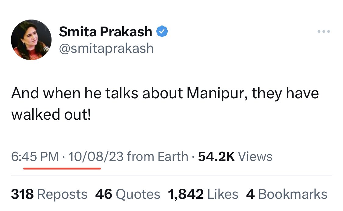 pawanyadav8's tweet photo. #bjptoolkit
Coincidentally both ANI & the head @smitaprakash tweets same at 6:45 not even a minutes gap and the language is more or so same.
Message both try to give is that Modi was speaking on Manipur but opposition went away instead of telling the truth that when opposition walked out then only Modi spoke 2 lines on Manipur.