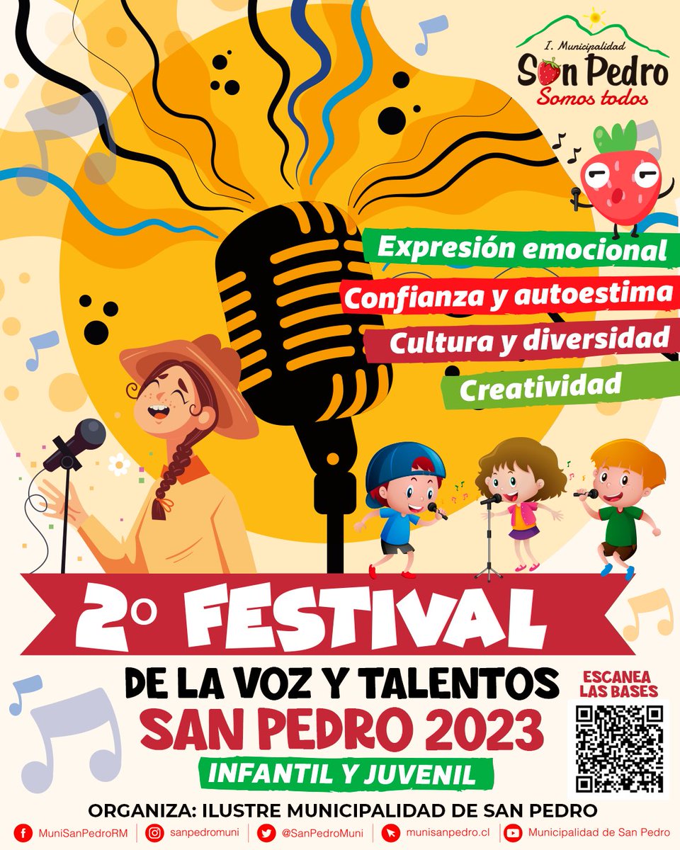 SanPedroMuni's tweet photo. 2º versión del "FESTIVAL DE LA VOZ Y TALENTOS INFANTIL Y JUVENIL SAN PEDRO 2023". Actividad organizada por el Programa Cultura y Turismo de la Ilustre Municipalidad de San Pedro, en coordinación con el Área de Extraescolar del Dpto. de Educación Municipal.

#sanpedrosomostodos https://t.co/cWvdfqhMUJ