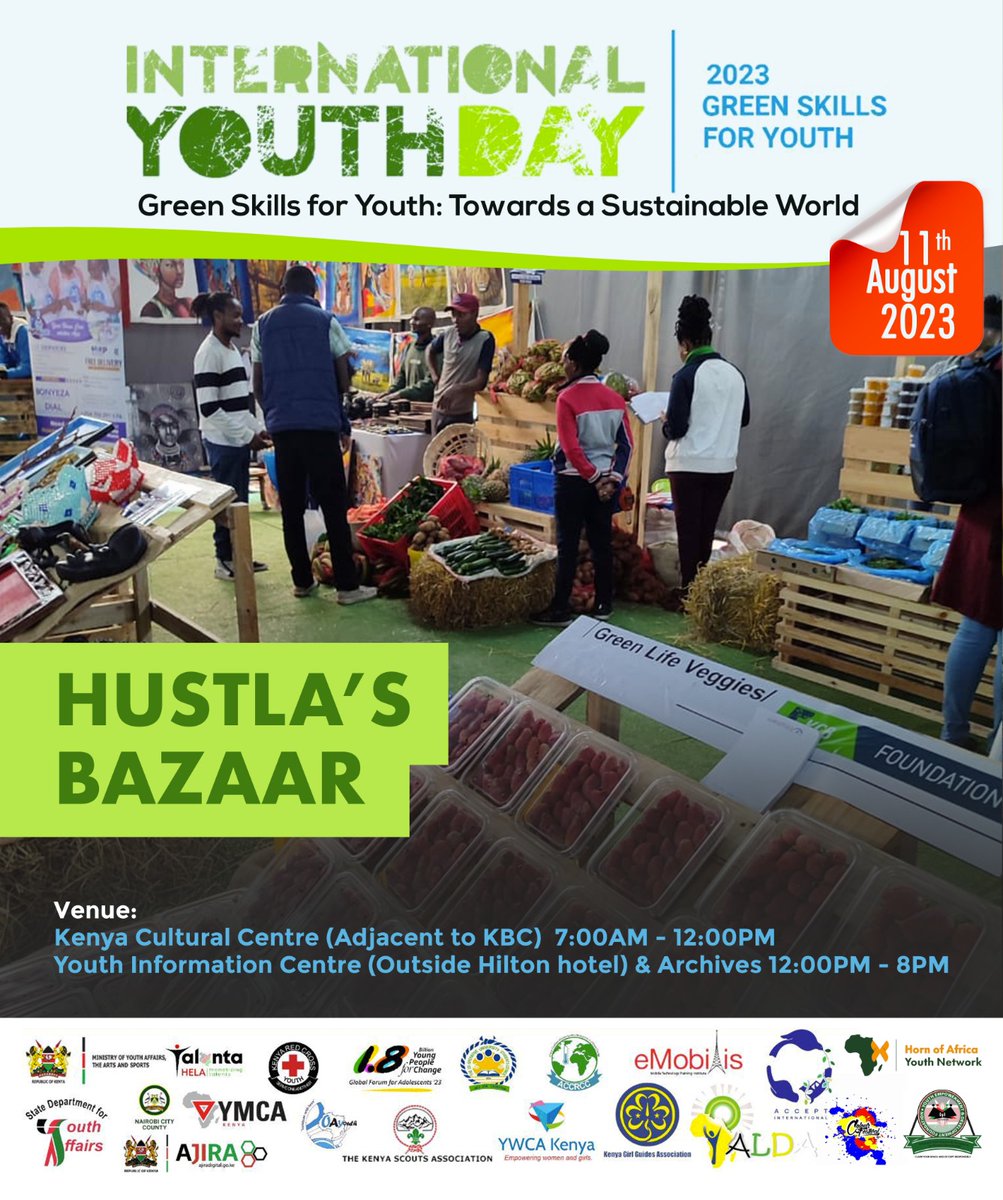 SDY_Ke's tweet photo. NATIONAL YOUTH WEEK, FRIDAY 11TH 2023

On Friday, the NYW's focus will shift to the Kenya Cultural Center where there will be a Hustla's Bazaar in which youth will not only exhibit but also sell their wares and network
#NYWKe
#TalantaHela 
#HustlaBazaar
#AbabuNaKazi https://t.co/hDRQtwpKn5
