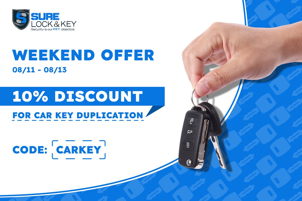 SureLockKey's tweet image. For this weekend only (08/11 - 08/13), enjoy an exclusive 10% discount on all #carkey duplication services. Just call us and use the code “carkey” to avail of the discount!

📞(855) 909-4011
Secure your ride with Sure Lock &amp;amp; Key and drive stress-free💙
#locksmith #keyduplication
