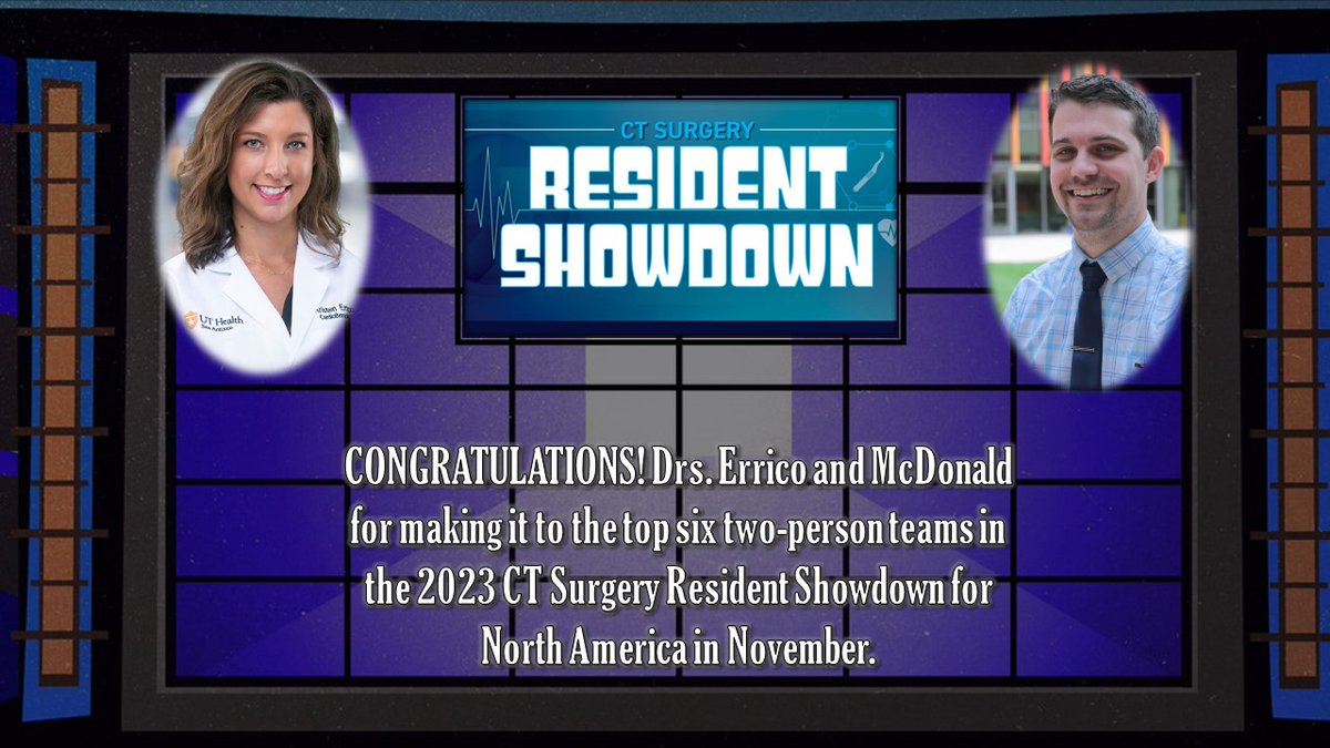 CT Surgery Resident Showdown is a game-show competition where their knowledge will be tested in five cardiothoracic surgery categories The winning North American team faces the European team in January 2024 #ctsurgery #residentshowdown #uthealthsa #Jeopardy #sanantoniotx