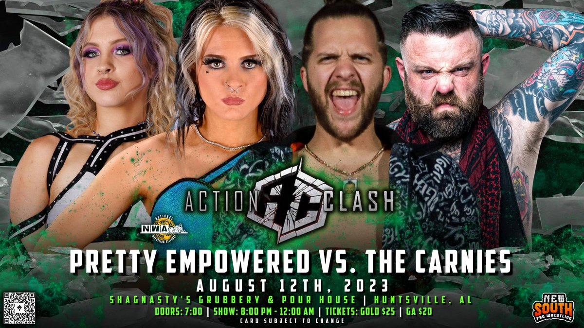 ✅BANGER ALERT✅ @TheCarniesTN take on @nwa Stars @KenziePaige_1 @kyliealexxa THIS SATURDAY we return to Huntsville,AL at Shagnasty's Bar and Grubery for night of Action Clash Tapings AND our AFTER DARK SPECIAL! We go till Midnight giving you the most BANGERS for your BUCK!…