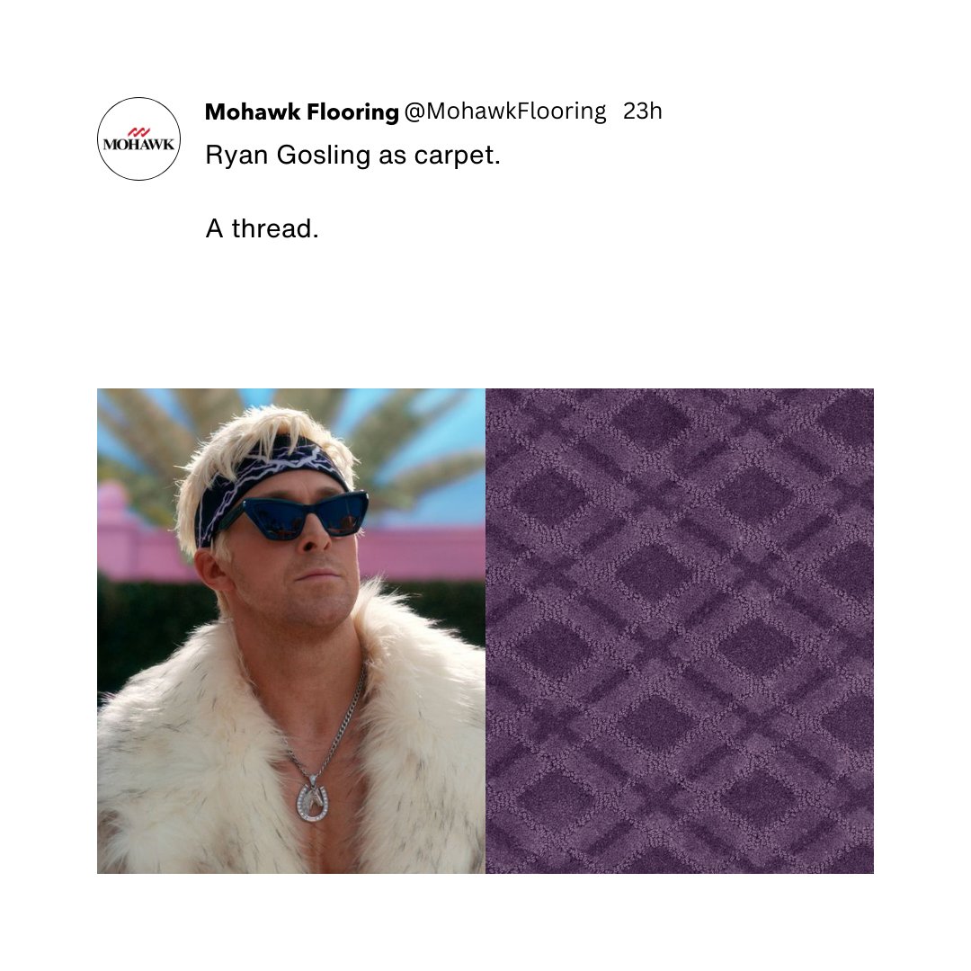 MohawkFlooring's tweet image. Ryan Gosling as carpet.

Your floors will never be #Kenough without #SmartStrand Silk. Love your floors, shop our #FloorAdore sale now through Sept 19.

Ken-ify your Mojo Dojo Casa House: bit.ly/448DAAG

#ryangosling #barbiemovie #barbie #imjustken #ken #smartstrandsilk