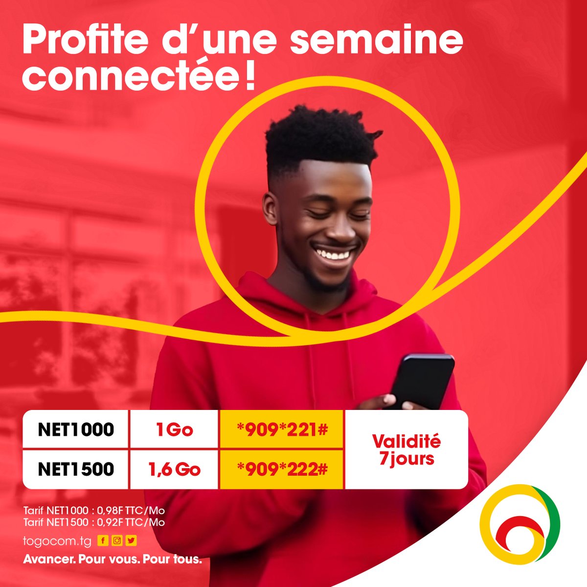 YasTogo's tweet photo. Active les forfaits internet semaine valable 7 jours, et profite du bonheur de la 4G+ chez Togocom😎
➡️ NET1000 – 1 Go - *909*221#
➡️ NET1500 – 1,6 Go - *909*222#
Tarif NET1000 : 0,98 F TTC/Mo
Tarif NET1500 : 0,92 F TTC/Mo
#Togocom #RestezConnecté #ForfaitsInternet https://t.co/qQ0OsInbOv