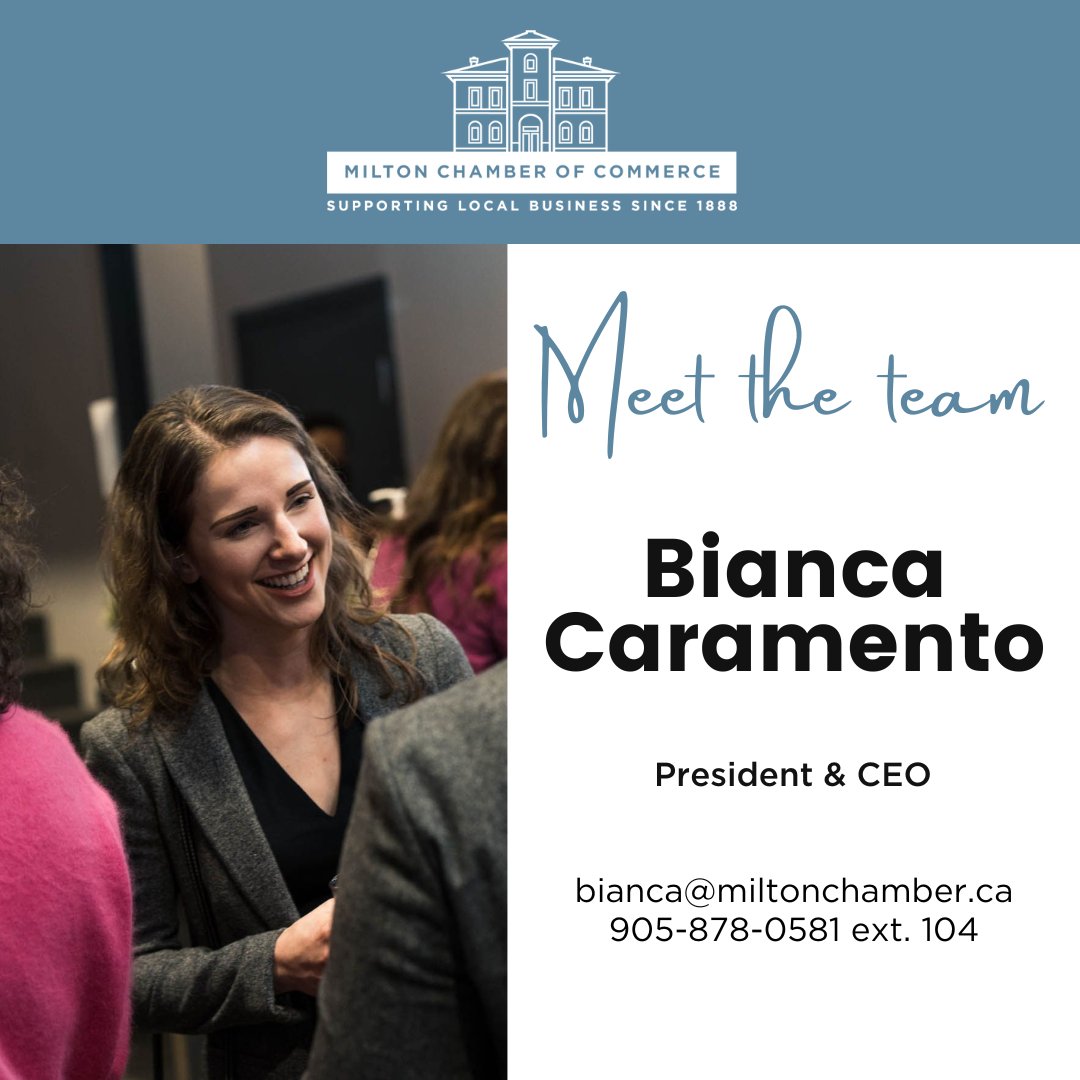 Meet <a href="/BCaramento/">Bianca Caramento</a>, President &amp; CEO of the <a href="/MiltonChamber/">Milton Chamber</a>! 

Fun facts about Bianca…
Favourite pizza topping:  Dill pickle. Just try it 🥒
Favourite thing to do in Milton: Visiting <a href="/ChudleighsFarm/">Chudleigh's Farm</a> in the Fall.
Favourite MCC event: The policy wonk in me loves our Mayor’s Breakfast.