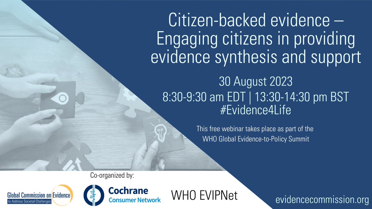 In this second webinar in a series focused on putting evidence at the centre of everyday life, we are diving into ways of engaging citizens in evidence synthesis and support. Join us on August 30 ow.ly/ffMV50Pe7F0 #Evidence4Life #E2PSummit2023