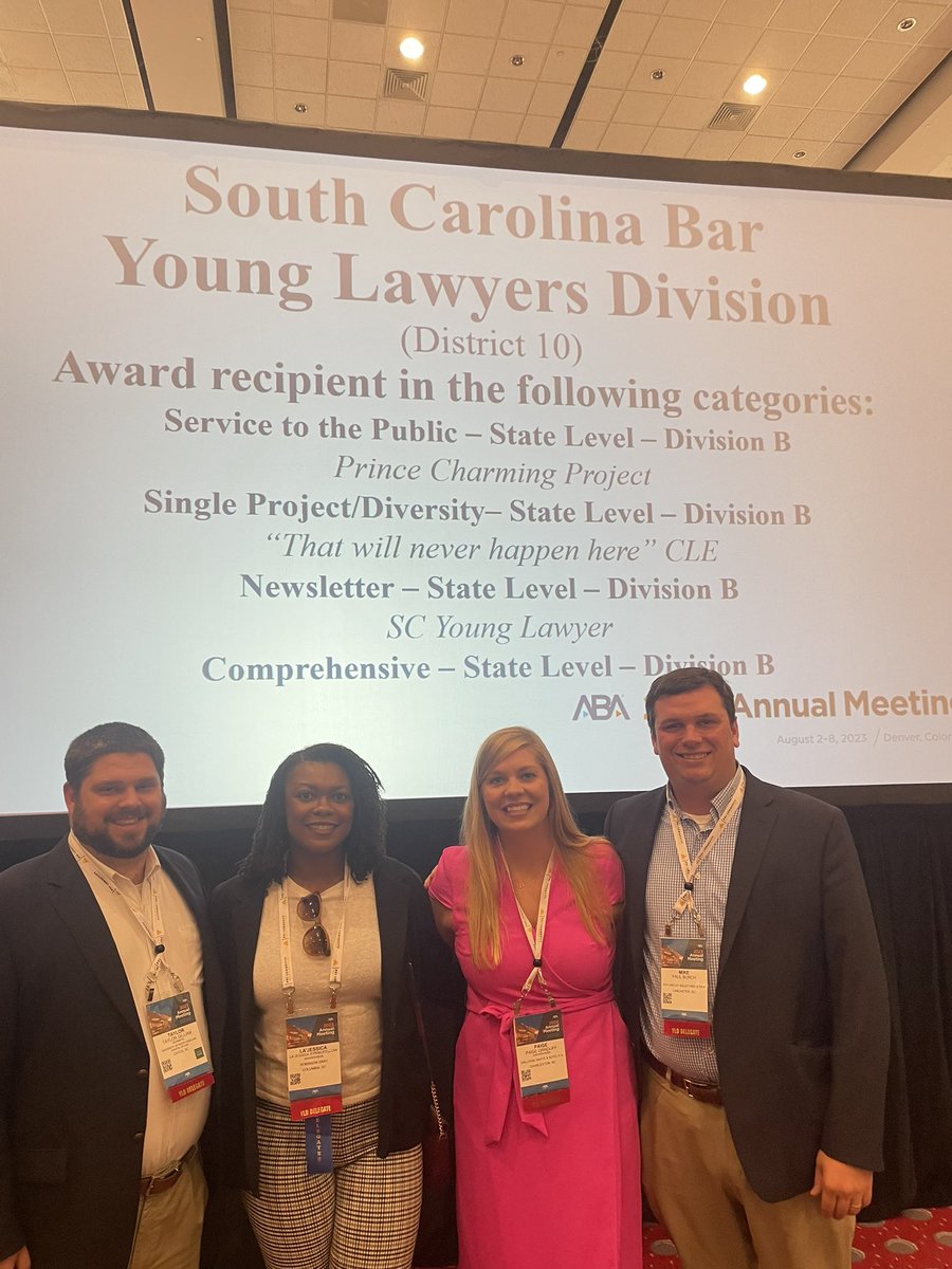 itsLaJessica's tweet image. I enjoyed my time at the @ABAesq annual conference. I got to meet so many impressive attorneys. And the best part was   @SCBarYLD racking up on awards at the YLD Assembly! 
And @SutaniaFuller was recognized as a Star of the Year. 🌟 

South Carolina always reps well at ABA!