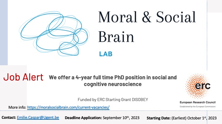 Emilie Caspar (@casparemilie) on Twitter photo I am re-opening a position for a 4-year PhD project in social neuroscience! <a href="/MoralSocialLab/">Moral & Social Brain Lab</a>
This project is part of an ERC-funded project DISOBEY.
Please share to any potential candidate!
Deadline: September 10th
moralsocialbrain.com/current-vacanc…
<a href="/ugent/">UGent</a>
<a href="/ERC_Research/">European Research Council (ERC)</a>
#PhDposition I am re-opening a position for a 4-year PhD project in social neuroscience! <a href="/MoralSocialLab/">Moral & Social Brain Lab</a>
This project is part of an ERC-funded project DISOBEY.
Please share to any potential candidate!
Deadline: September 10th
moralsocialbrain.com/current-vacanc…
<a href="/ugent/">UGent</a>
<a href="/ERC_Research/">European Research Council (ERC)</a>
#PhDposition