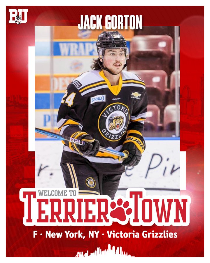 Graphic welcoming former Victoria Grizzlies forward and New York, NY native Jack Gorton to Terrier Town. Includes photo of Jack skating for Victoria.