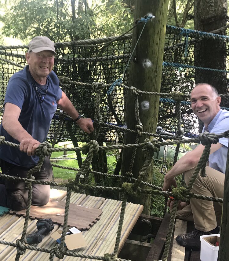 KateMcCallumuk's tweet image. All in a weeks work: Tuesday supporting #SummitsupforTony
Thursday: grafting with the @BendriggTrust team. Picture of Alan Volunteer and Nick Centre Director hard at work repairing our much loved ropes course.