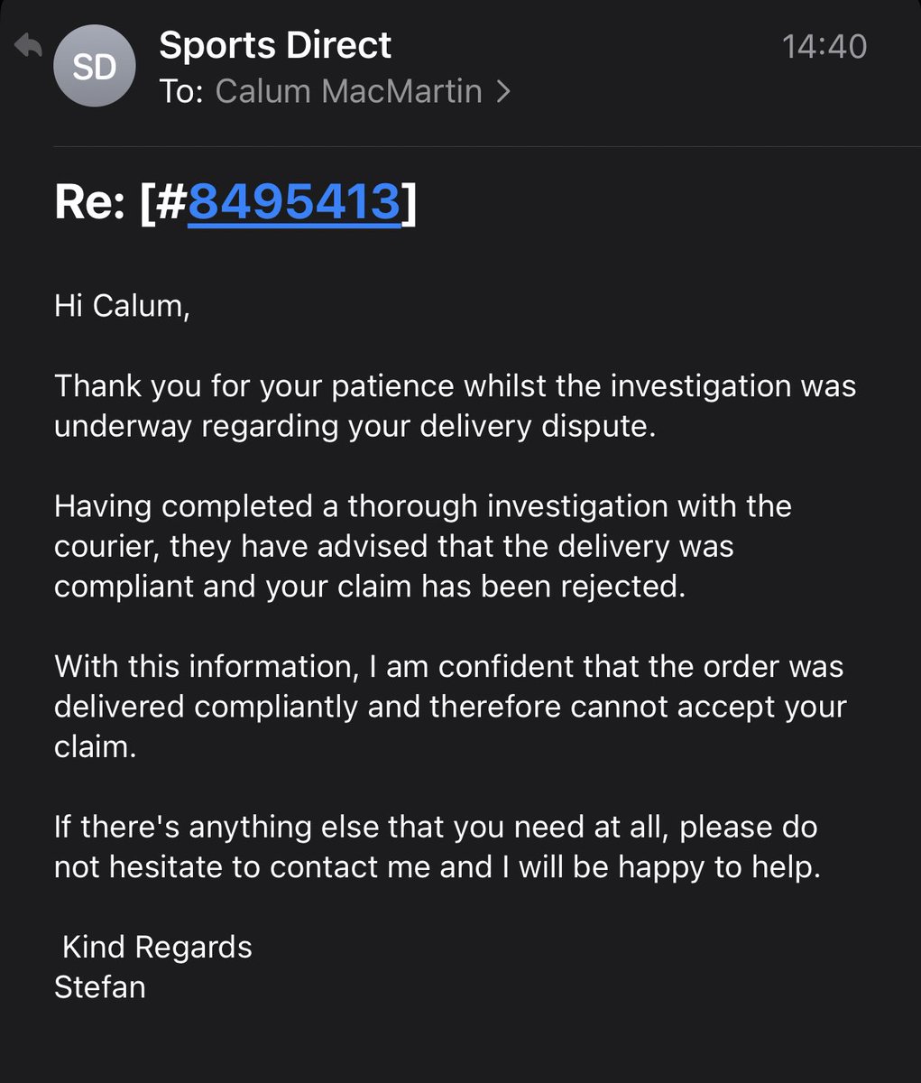 <a href="/SportsDirectUK/">Sports Direct</a> absolute shambles. £200 worth of kit and you’re saying nothing can be done, when clearly the delivery driver from #evri has stolen it!