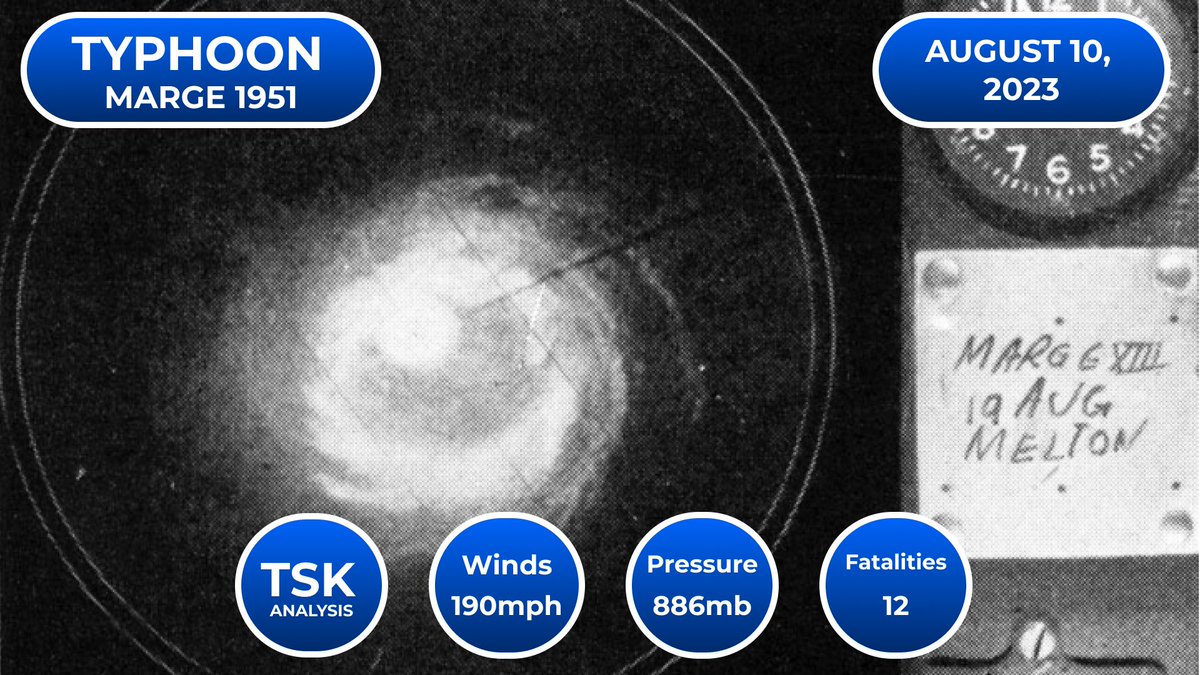 Alex_D_TSK2022's tweet photo. 72 years ago today, Typhoon Marge formed, on August 10, 2023. Officially the JTWC went with no more than 100kts and 886mb. By using surface analysis 190mph is what I have for Marge (1951) https://t.co/usrntxsdBw