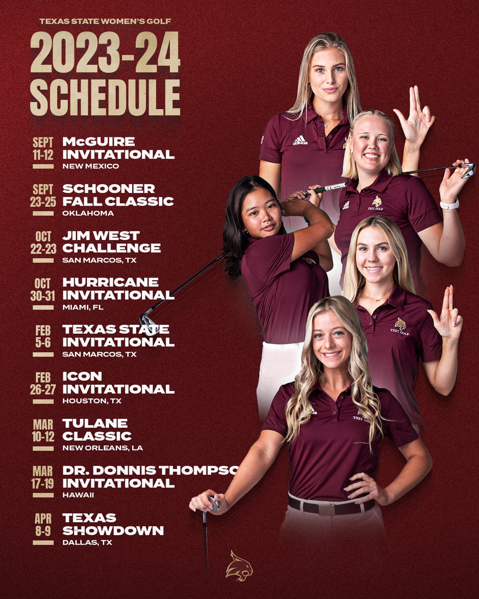txstatewgolf's tweet photo. The 𝟮𝟬𝟮𝟯-𝟮𝟰 Schedule is Here!  

#EatEmUp https://t.co/zuesANwA7e