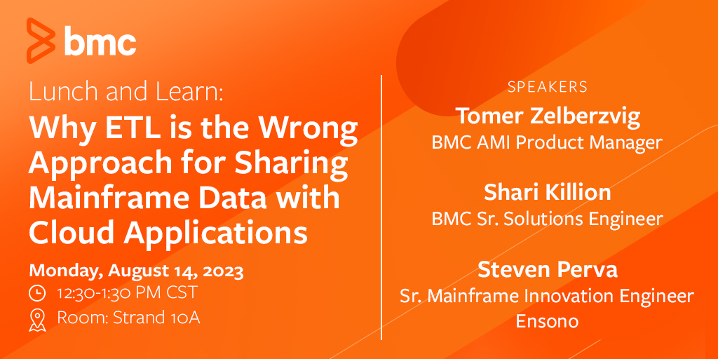 Join <a href="/BMCSoftware/">BMC Software</a> for an exclusive 'Lunch and Learn' session at #SHARENOLA exploring 5 reasons why extract, transfer, and load (ETL) is wrong for cloud-mainframe data sharing.  <a href="/SHAREhq/">SHARE Headquarters</a> 

Register: loom.ly/8BSPaHU

🗓️ August 14, 12:30 PM CT | Strand 10
