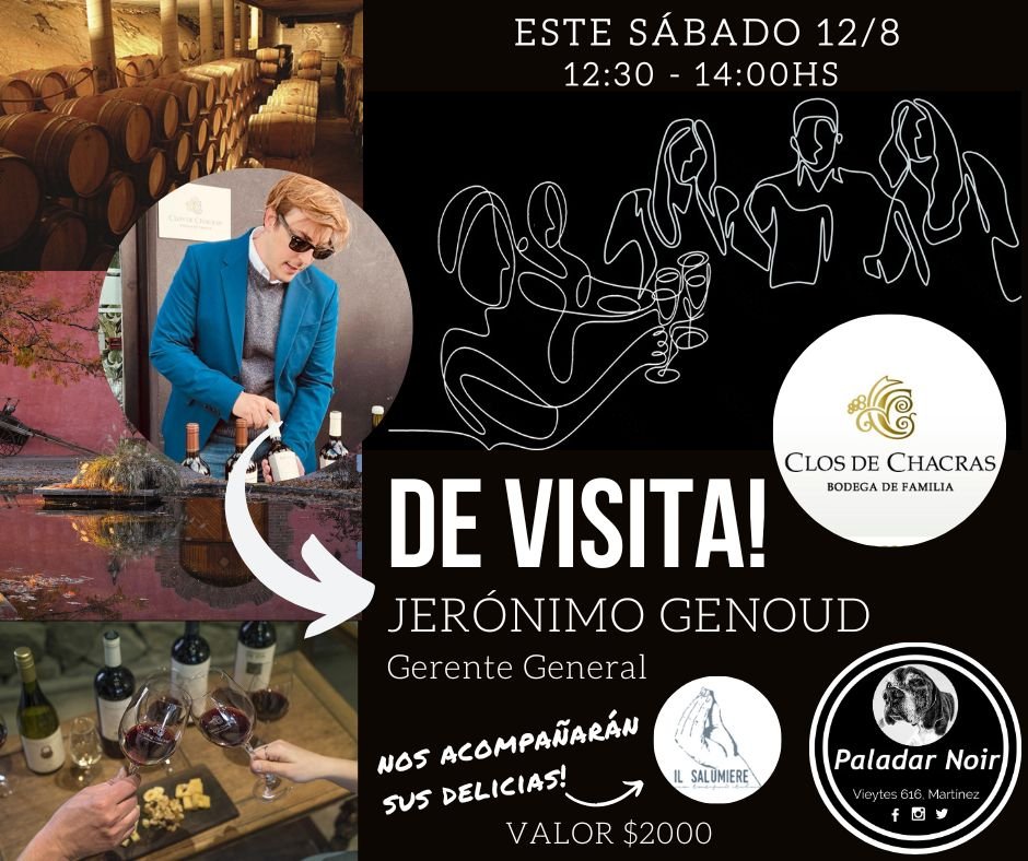 Atención Paladares! 🥰🍷
este sábado 12/8 tenemos la gran visita de <a href="/JeroYenu/">Jero Yenú</a>  de la Bodega <a href="/ClosdeChacras/">Clos de Chacras</a> en la vereda de Paladar.  🍷❤️🔓 
Tendremos para acompañarlos, unos riquisimos embutidos de <a href="/IlSalumiereok/">Il Salumiere ®</a>  🤌  
Valor $2.000 - RSVP - 12:30 - 14:00 Hs.
Tami &amp; el Chino