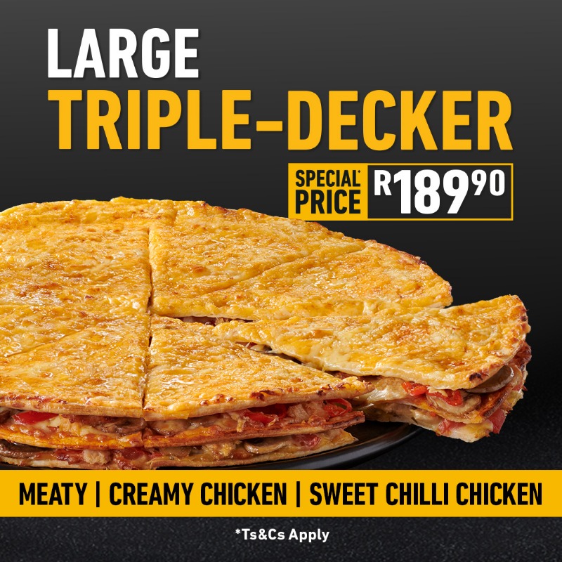 DebonairsPizza's tweet photo. Unbox Something Amazing 😋 with 3 layers and 3 cheeses 🍕 🧀. Get the Large Triple-Decker® for the special price of R189.90.