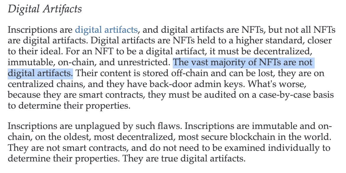 cbspears's tweet photo. One of the reasons I'm going to keep pushing against calling them "Bitcoin NFTs" is because @rodarmor has repeatedly, explicitly, differentiated Inscriptions from NFTs.

I also think user education is incredibly important, and calling them "NFTs" reduces users ability to make informed decisions about the digital assets they own.

I also really like the term "Digital Artifact", it's a way better mental model for this class of digital assets, but I see this term being really difficult to communicate, even among those who work closely with Ordinal Theory.