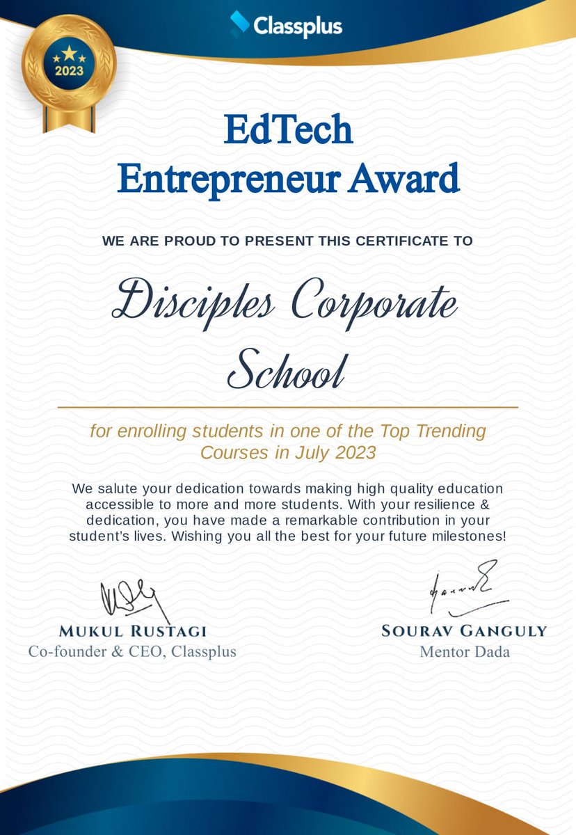 From @SGanguly99

Disciples Corporate School is awarded with the title of Emerging Educator Award for breaking their record of 'Highest New Course Enrolments' in July 2023.

#souravganguly #disciplesindia #achievement #besttraining #bestinbangalore #classplus #edtech #edtechaward