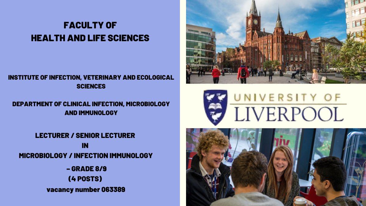 @LivUni_IVES is recruiting 4 lecturer/senior lecturers - full details and apply recruit.liverpool.ac.uk with job reference 063389. @livunijobs #Immunology #infection