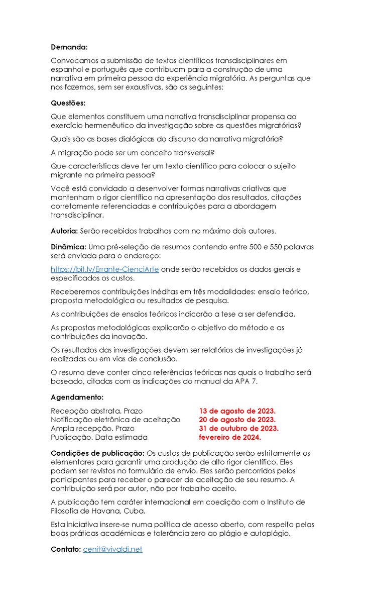 Um cordial convite a todos os colegas do Brasil e de Portugal, para publicarem seus textos sobre migração (em português) no livro Errante.

<a href="/OmtLit/">OMT - LIT</a> 
#Migração
#fronteiras