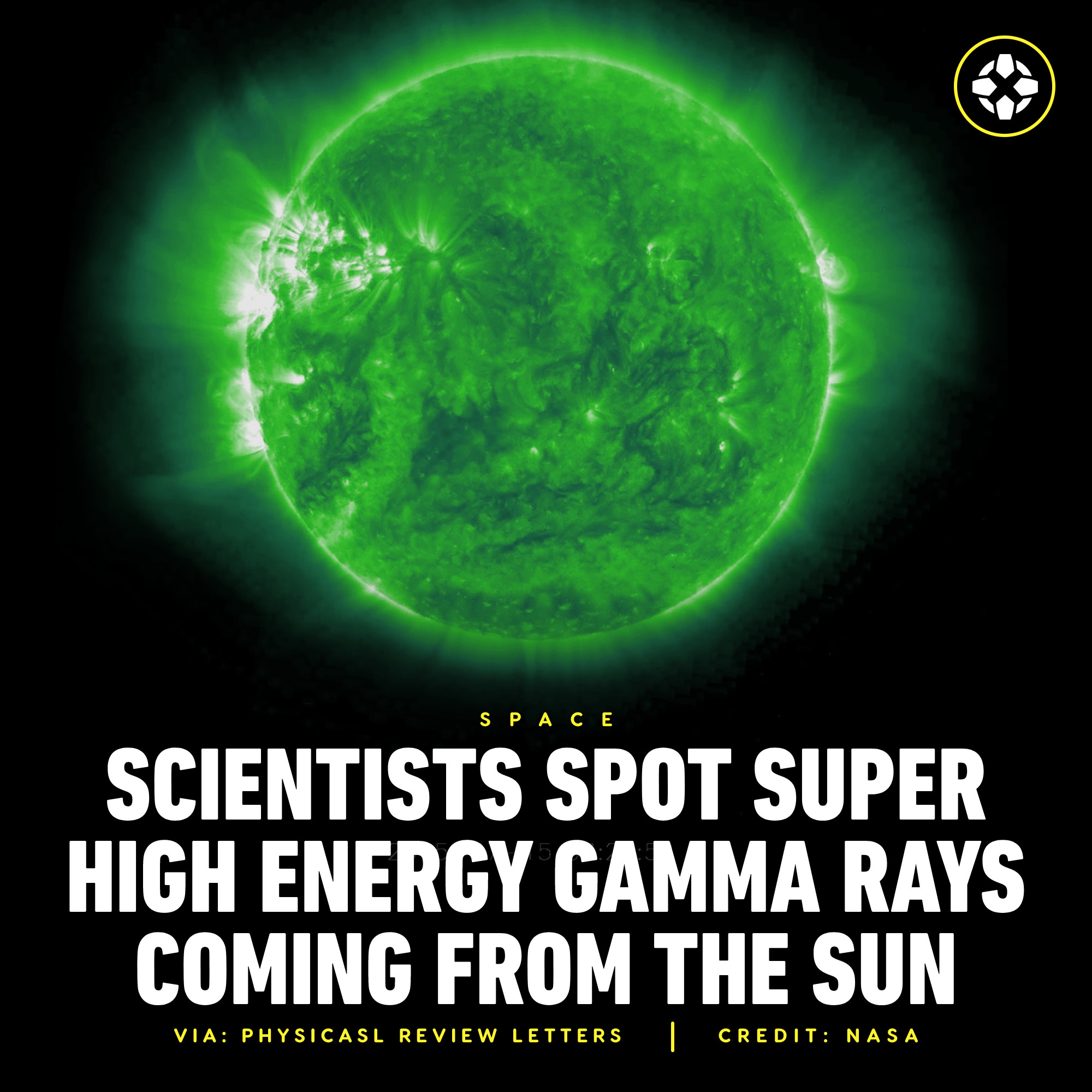 Hi-res, high contrast image of the Sun with its hue changed to look green. Caption: Scientists Spot Super High Energy Gamma Rays Coming From The Sun