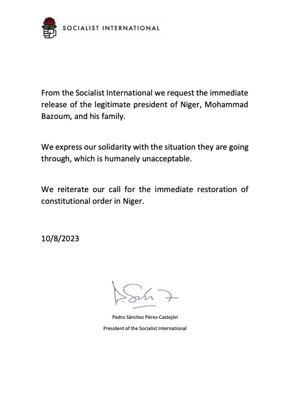 Statement supporting President Bazoum - The Socialist International stands firmly with President Bazoum call for the immediate restoration of the constitutional order in Niger. #SupportBazoum #NigerConstitutionFirst #Niger #Socialistinternational <a href="/mohamedbazoum/">Mohamed Bazoum</a>